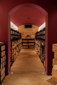 Wine cellar shelves featuring bottles with prestigious international labels.