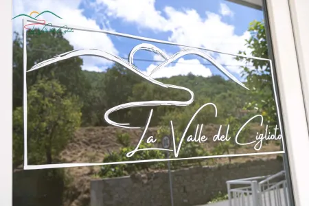 „La Valle del Ciglioto“-Logo auf einem Glasfenster mit stilisierten Grafiken von Hügeln und Spiegelungen der umgebenden grünen Landschaft.